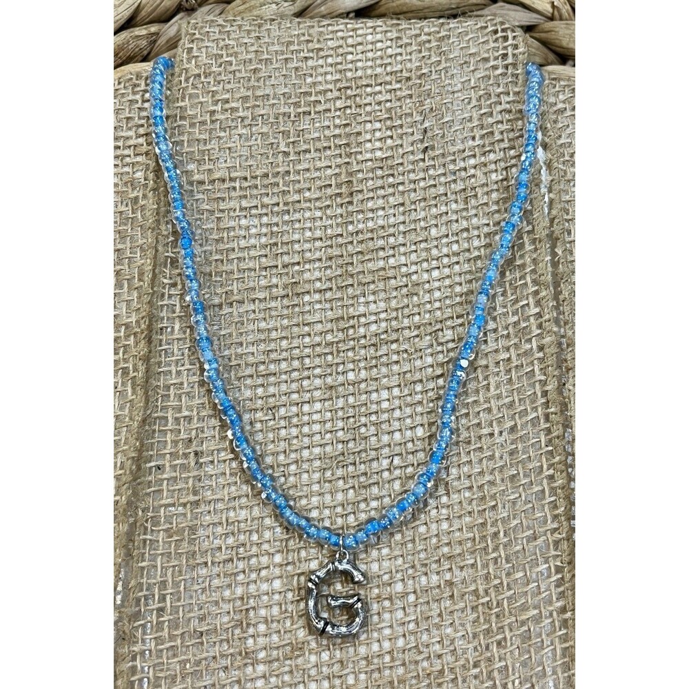 “G” Initial Necklaces for Girls Womens Teens Gifts Beaded Blue Silver Tone